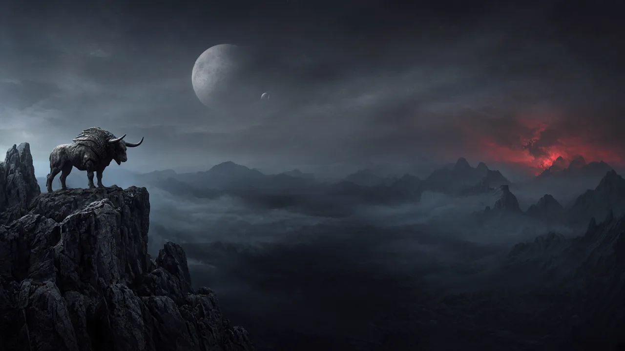 Bull guardian silhouette on a ridge above a dark cosmic mountain valley