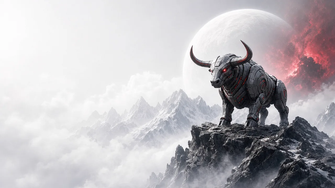 Futuristic mechanical bull guardian on a mountain ridge beneath a pale planet