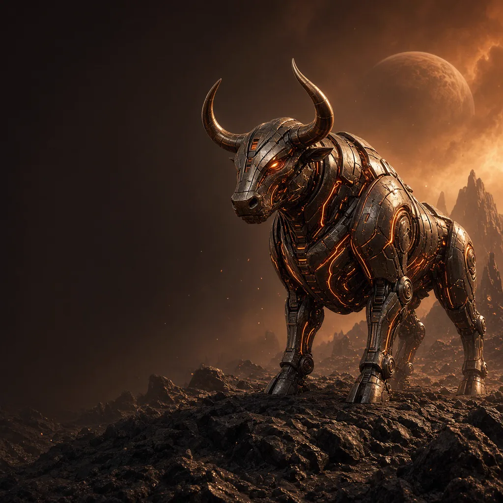 Bronze mechanical bull guardian on a rocky alien ridge