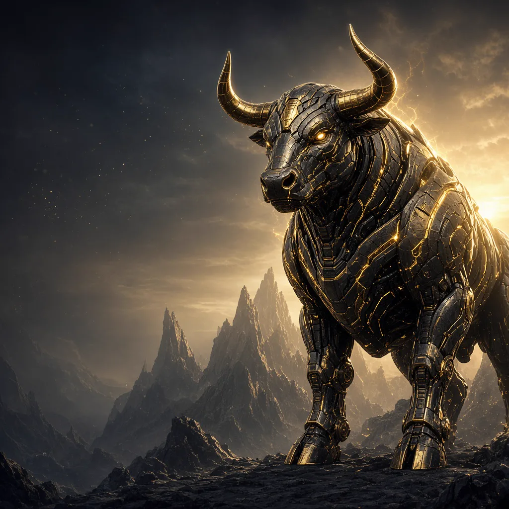 Gold-accented mechanical bull guardian in an alien mountain range