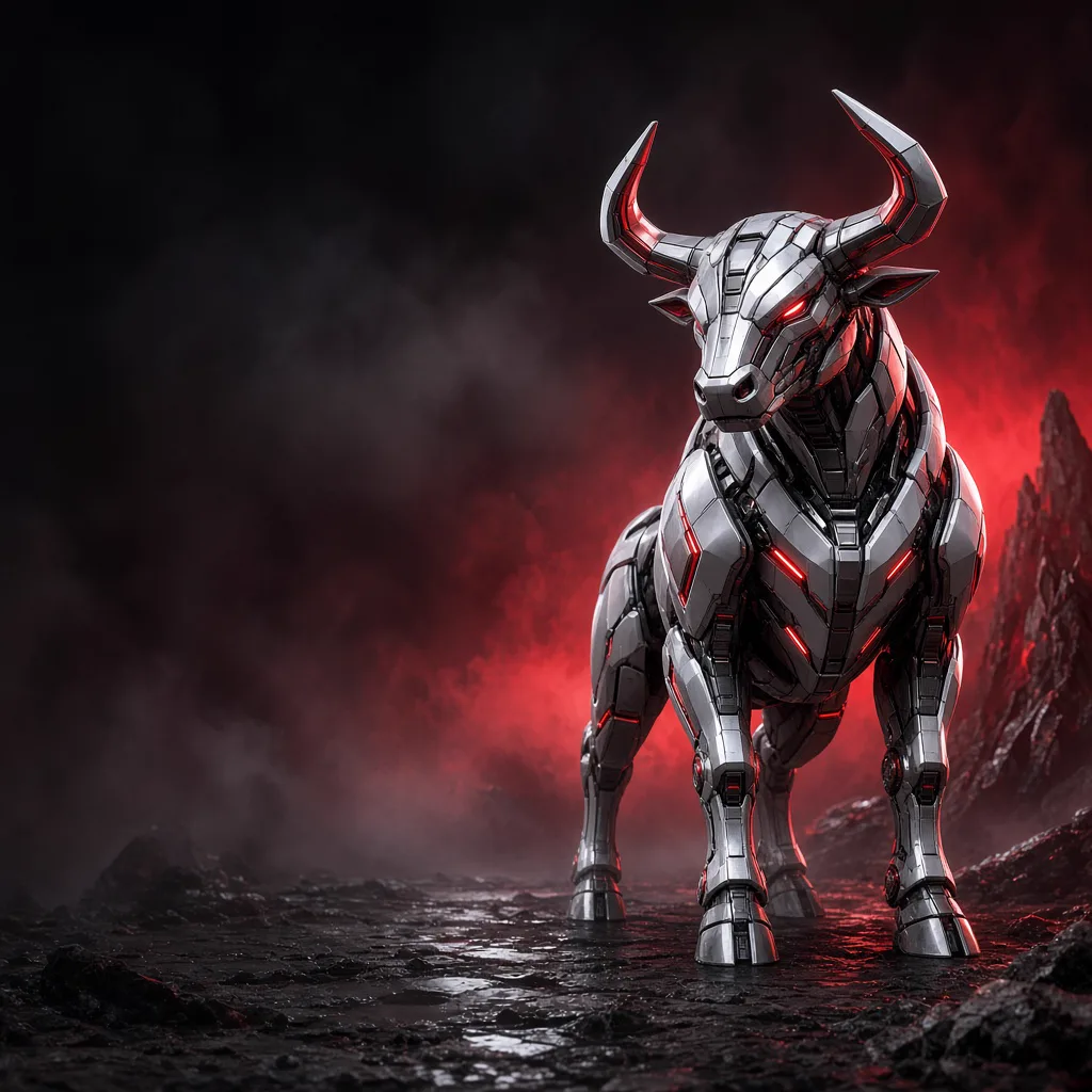 Silver mechanical bull guardian with red accent lighting
